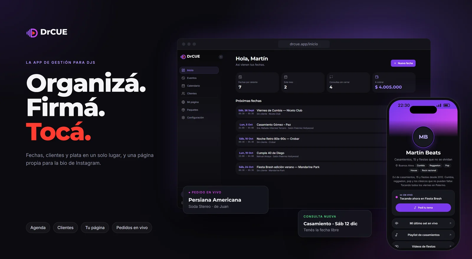 DrCUE: el inicio con las próximas fechas y la página pública del DJ en un celular