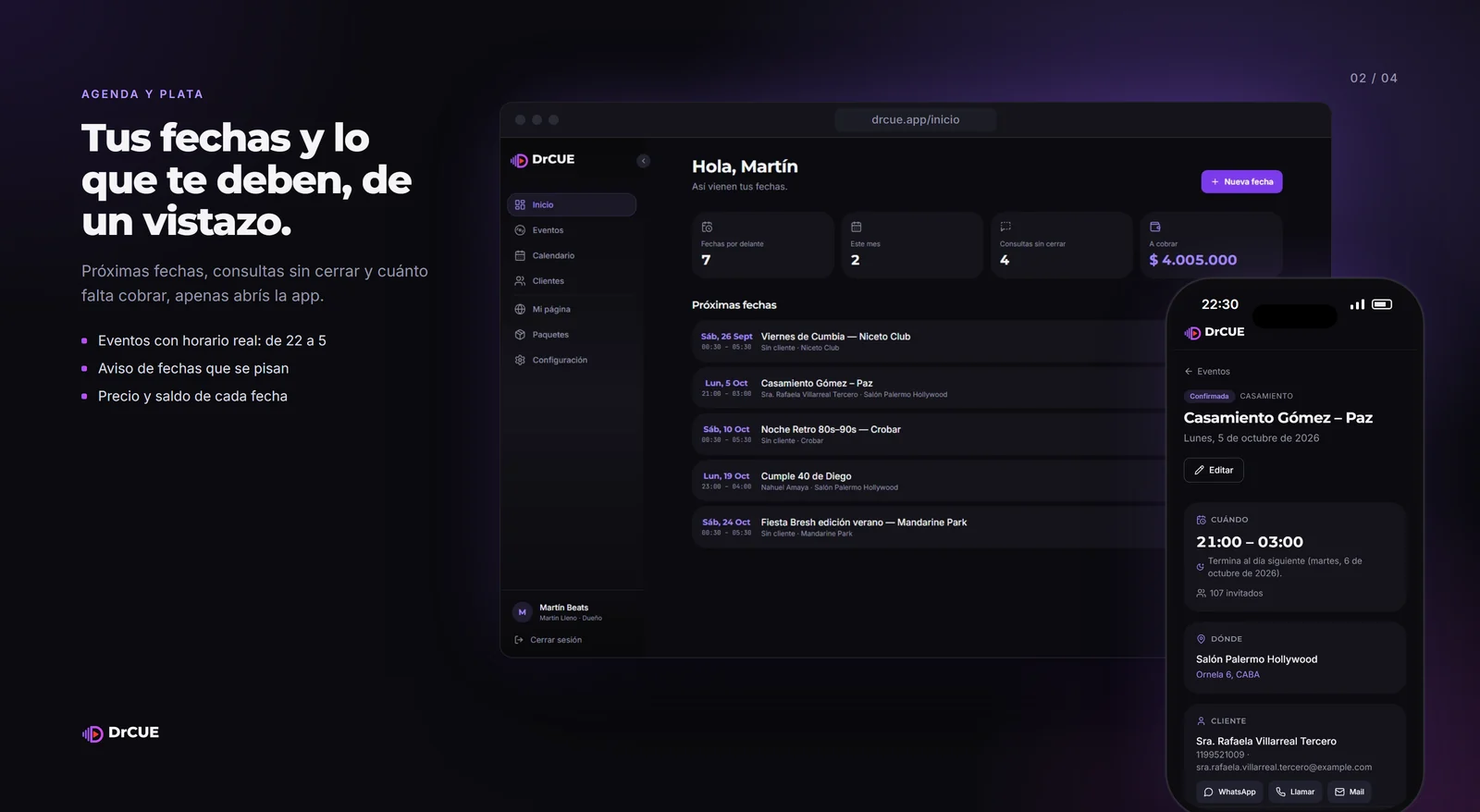 DrCUE: el inicio con lo que falta cobrar y la ficha de un casamiento en el celular