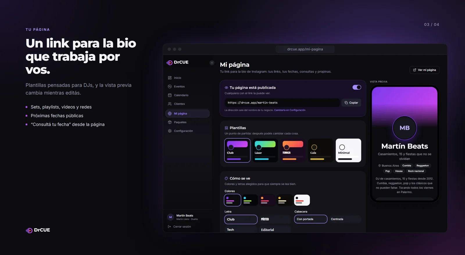 DrCUE: el editor de la página del DJ con plantillas, colores y vista previa
