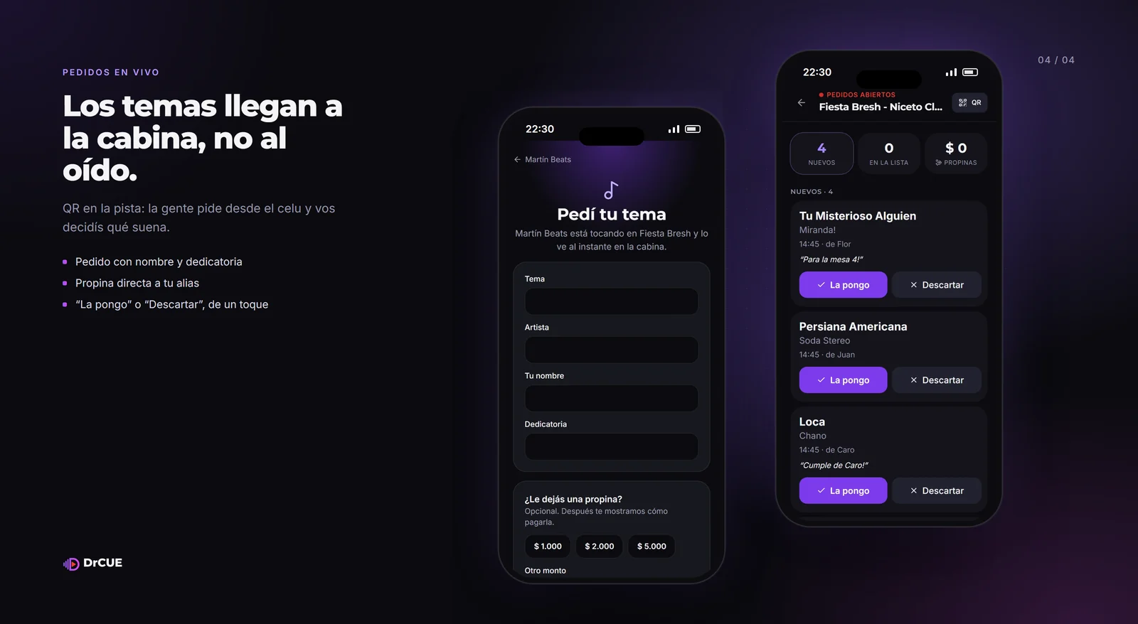 DrCUE: el formulario para pedir un tema y la cola de pedidos en la cabina