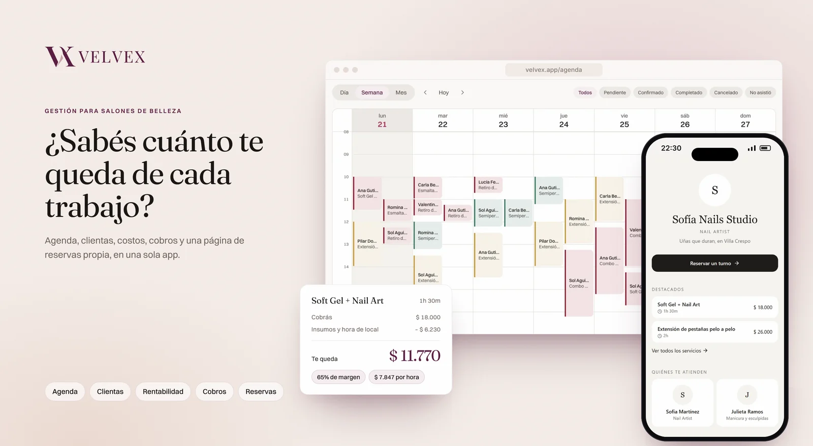 Velvex: la agenda semanal, la página de reservas en un celular y el cálculo de cuánto deja un servicio