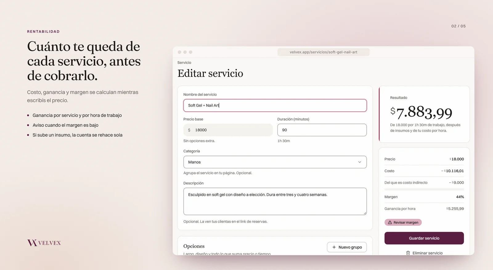 Velvex: edición de un servicio con su costo, ganancia, margen y ganancia por hora