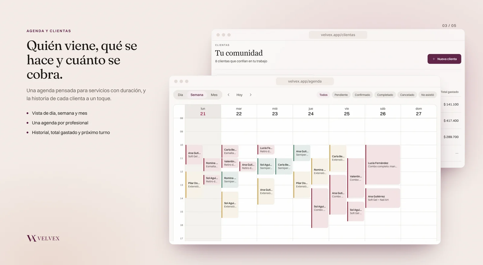 Velvex: la agenda semanal de turnos y el listado de clientas