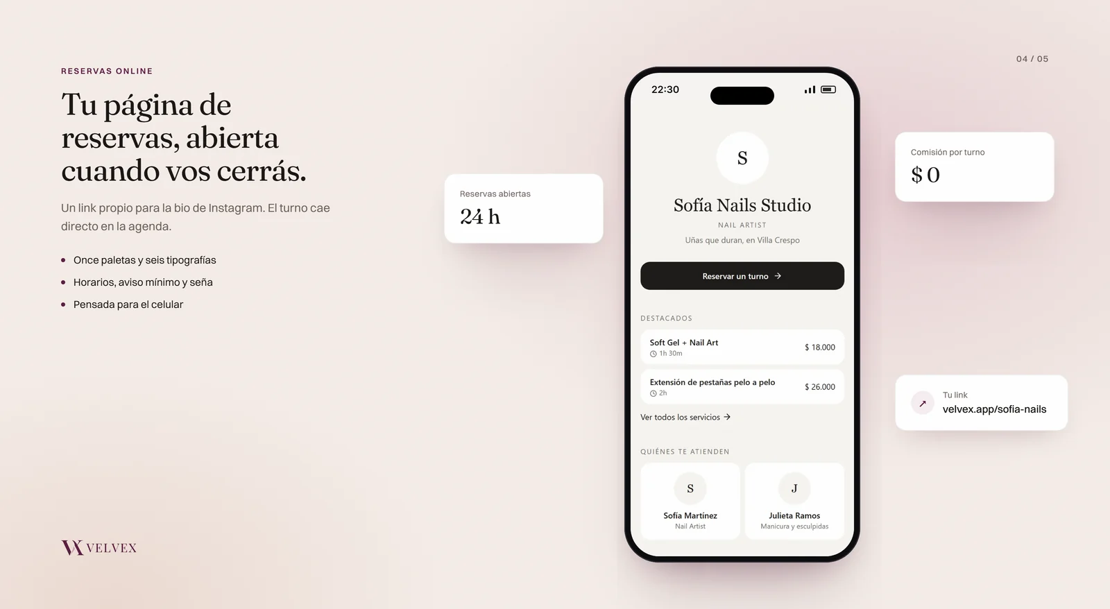 Velvex: la página pública de reservas de un estudio de uñas en un celular